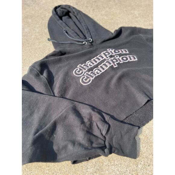Champion Sweatshirt Women Size Small Black Reverse Weave Embroidered Hooded Crop - Picture 2 of 5